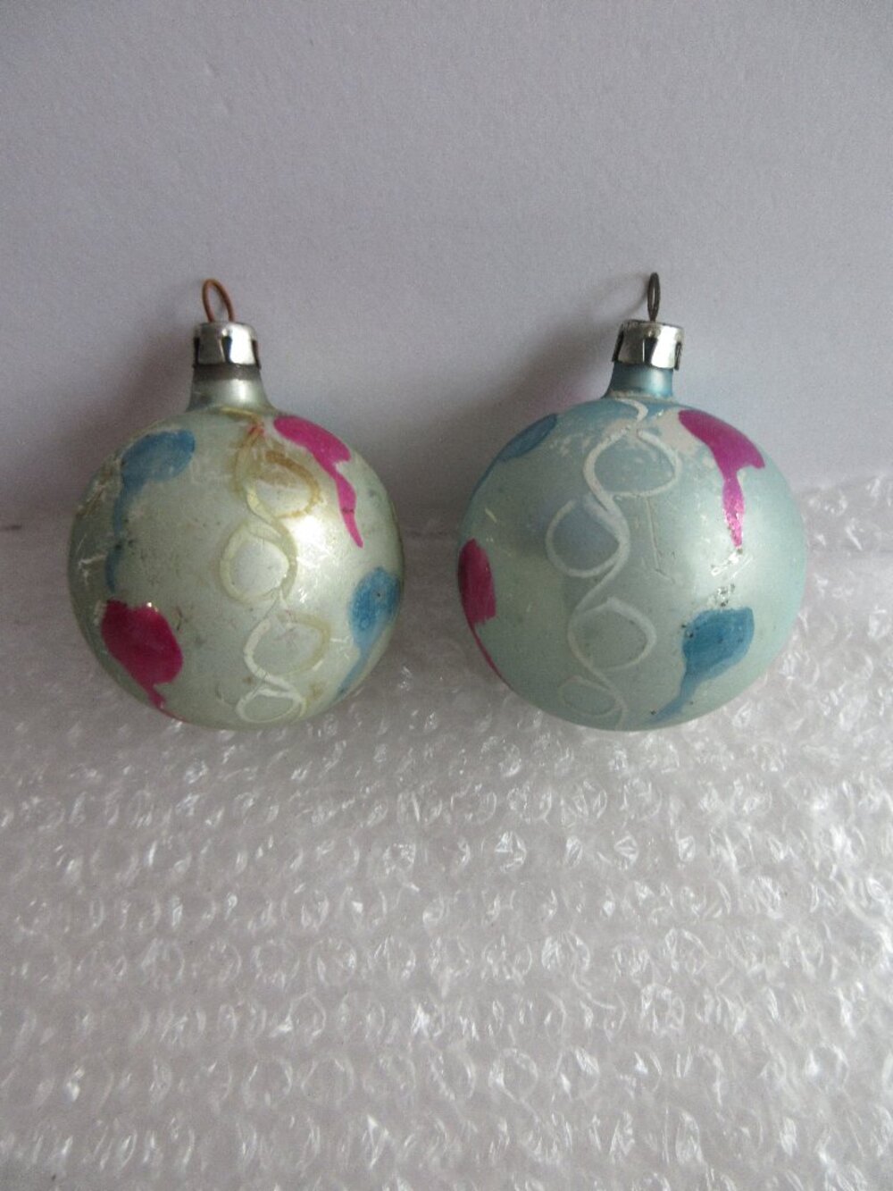 Polish Glass Christmas Ornaments Squiggles, Swirls & Dots Vtg Lot of 2 Poland